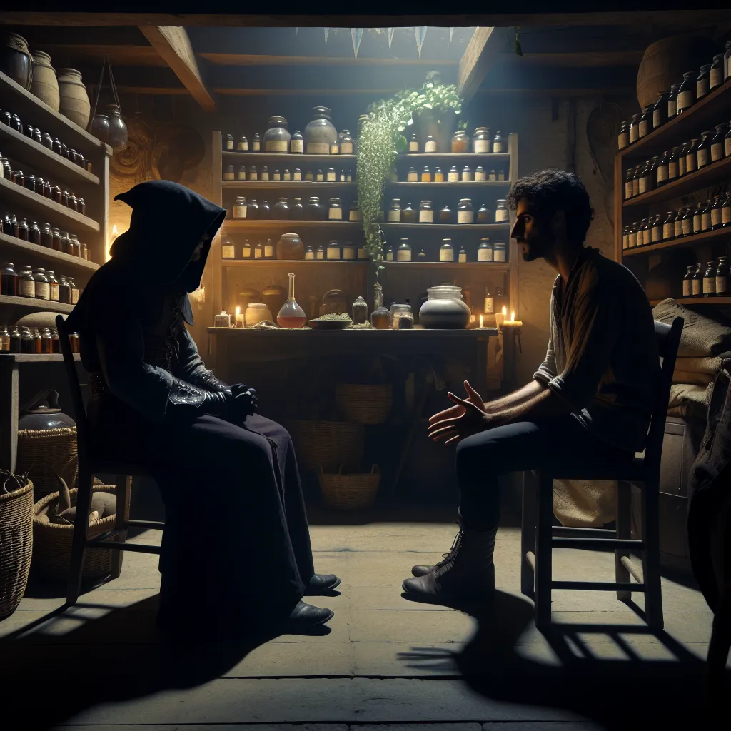 A mysterious figure sits in a dimly lit herbalist's shop basement, listening intently to a companion's tales of trauma and loss. The scene is filled with tension and secrecy, as the protagonist navigates a world of danger and hidden truths.