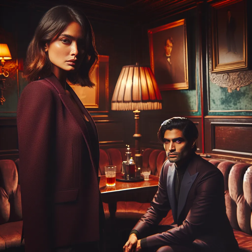 A woman in a maroon blazer stands in a dimly lit private club booth, facing off against a mysterious man with violet eyes in a moment crackling with tension and uncertainty.