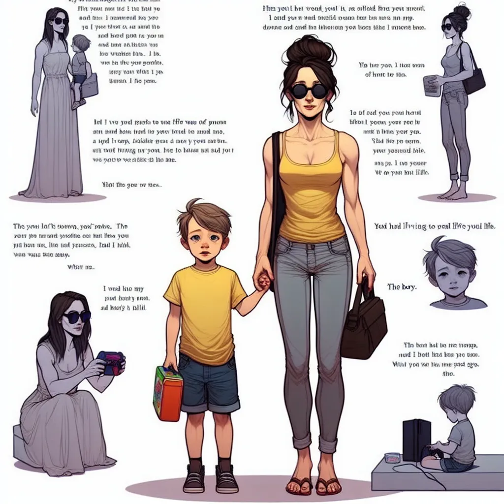 A five-year-old boy named Joshua, wearing a yellow tank top and denim shorts, stood next to a woman named Lucia, who wore a vibrant yellow tank top with floral patterns and denim shorts. Lucia, who had long dark brown hair in a bun and was wearing oversized black sunglasses, held Joshua's lunch and a Nintendo game console. Joshua, with tears in his eyes, approached Lucia as she wore the same yellow tank top, denim shorts, and sunglasses. Suddenly, a shift occurred, and Joshua found himself trapp