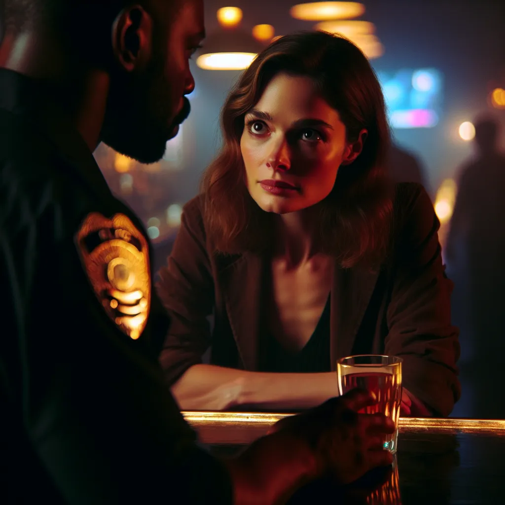 Description: A woman stands behind a dimly lit bar in a nightclub, her face reflecting a mix of hope and despair. A mysterious detective with intense eyes and a glinting badge approaches her, offering to help find her missing sister. She contemplates the risks and possibilities of teaming up with this enigmatic figure, embracing the unknown in her desperate quest for answers.