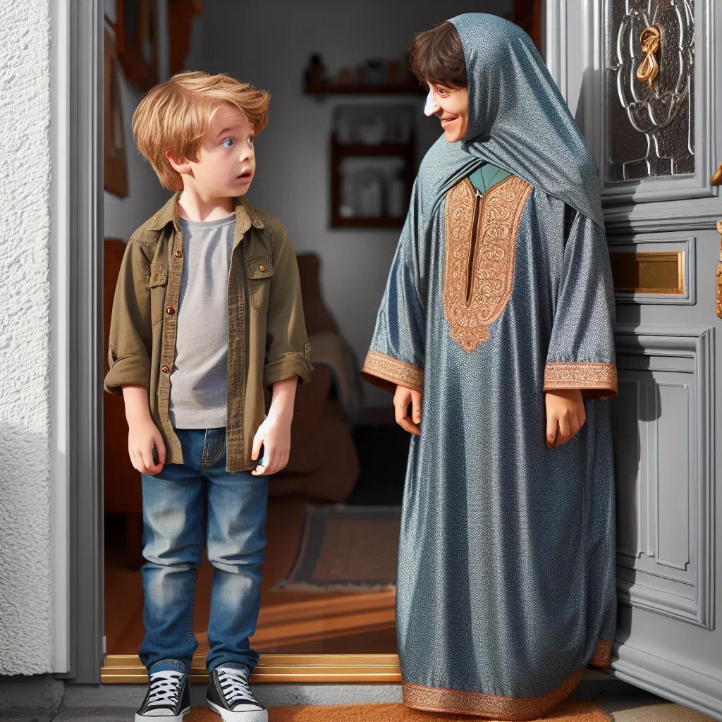 A young boy stands on a doorstep, shocked to see his friend's mother in his friend's body and attire.