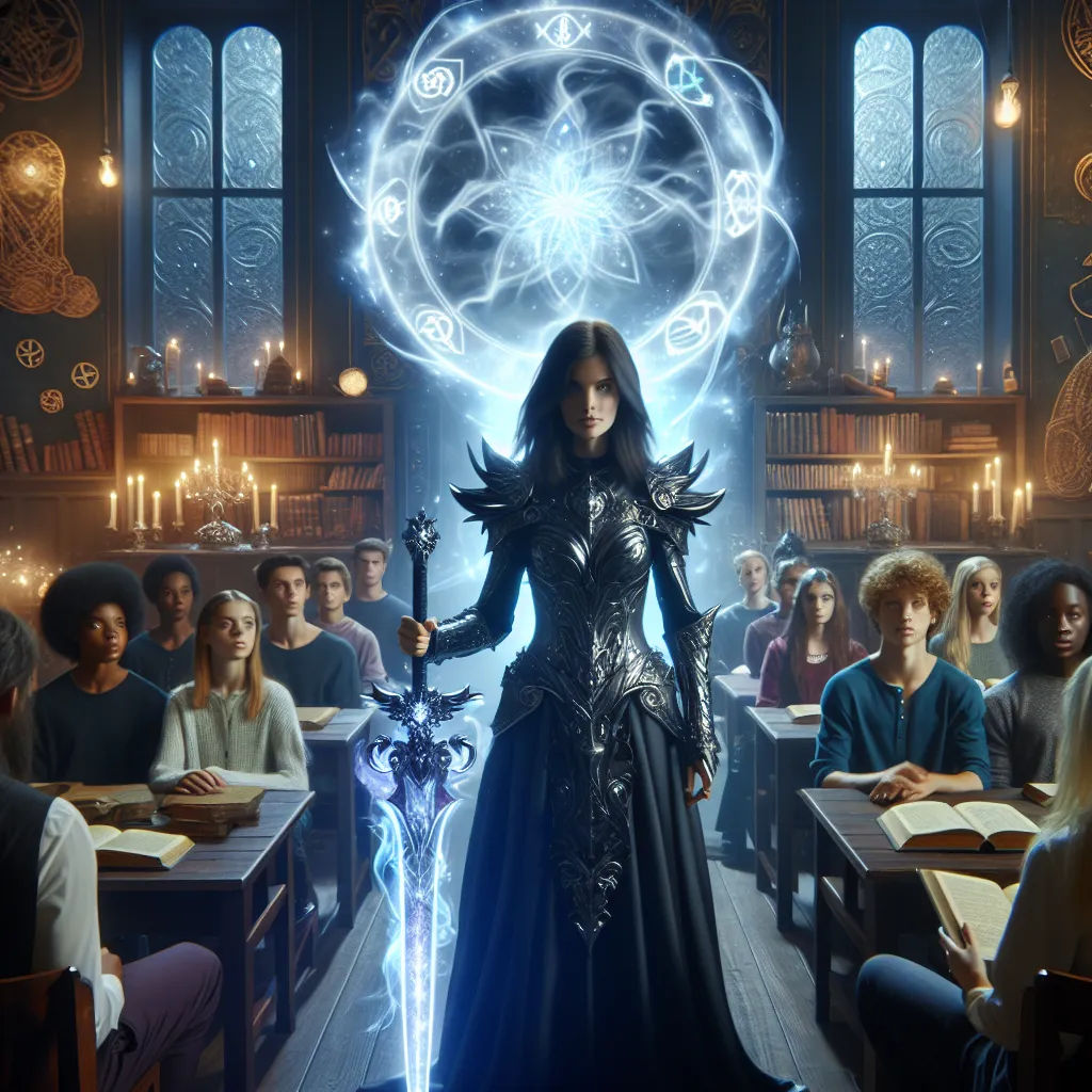 A description for the image: A powerful and enigmatic sorceress, adorned in black armor and wielding a gleaming silver Soul Sword, stands before a class of diverse young students at Strange Academy. The classroom is filled with magical artifacts and arcane symbols, while a portal to a dark and chaotic dimension crackles with energy in the background.