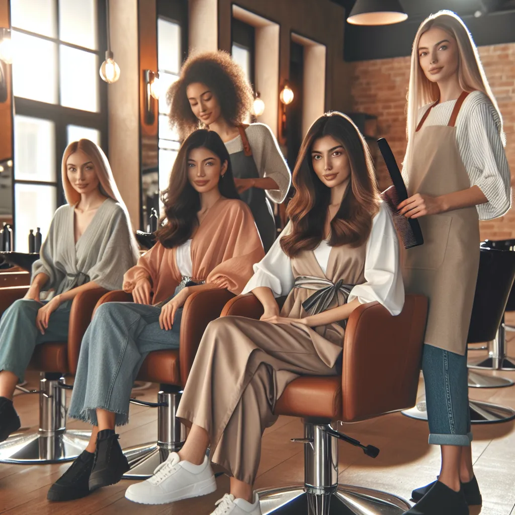A group of four women in a cozy salon, preparing for a haircut appointment.