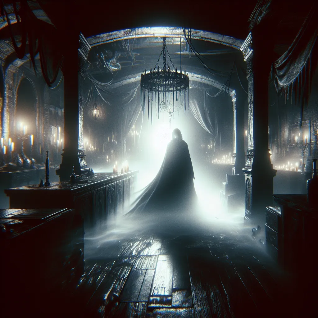 A haunting image of a gothic club ensnared in shadows, with a figure cloaked in a long coat and ethereal glow standing at the center. The atmosphere is filled with a palpable energy, as if the thin veil between realities is about to be torn asunder. The club's interior is decked in macabre decor, reflecting the owner's obsession with finding her missing sister. This image captures the eerie allure of the unknown and the abyssal journey that lies ahead for the characters.