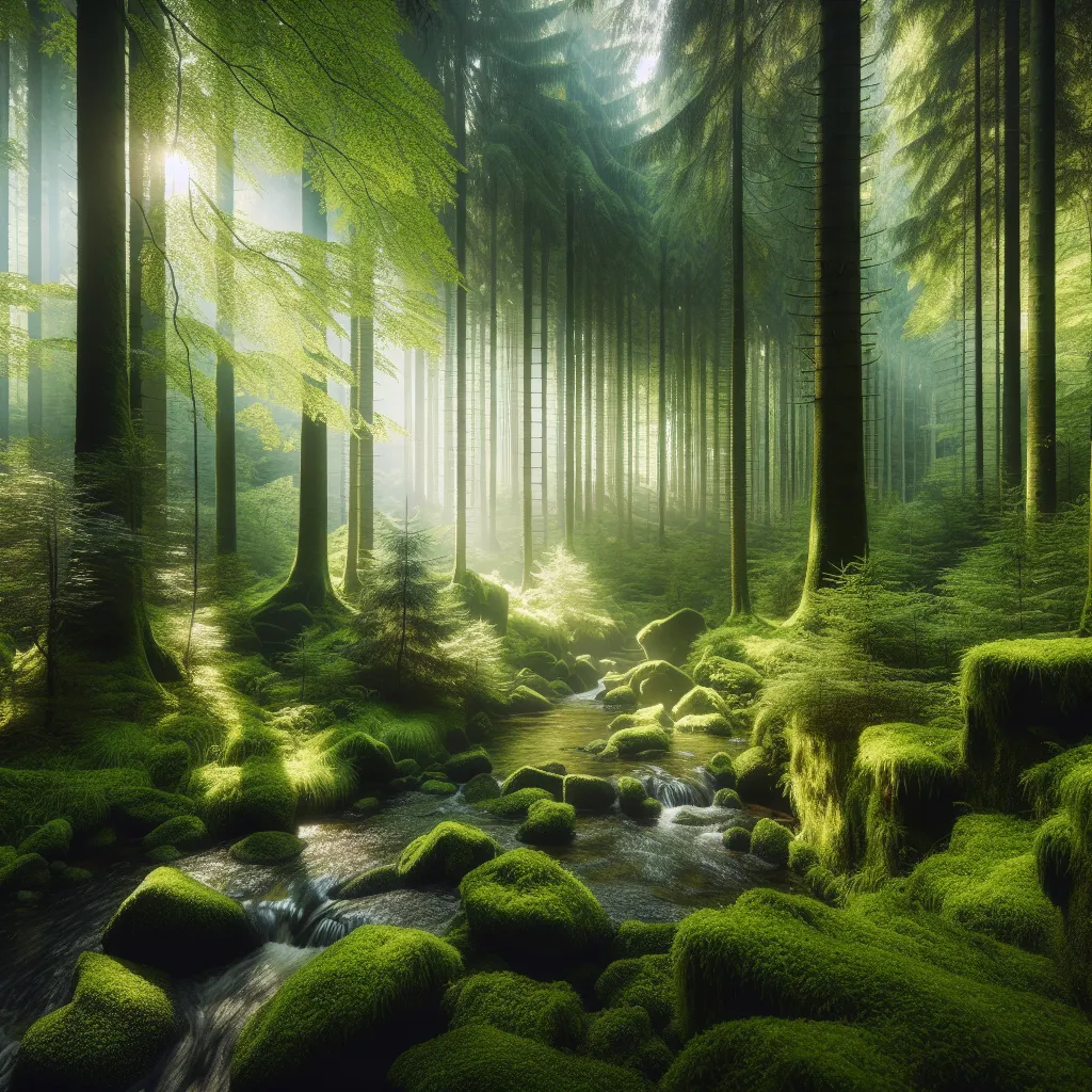 Sure! The image will capture a serene forest scene, featuring tall, lush trees bathed in soft light as sunlight filters through the dense foliage. A gentle stream flows through moss-covered rocks, adding to the tranquility of the setting. The image invites viewers to immerse themselves in the beauty of nature and feel a sense of peacefulness and serenity.