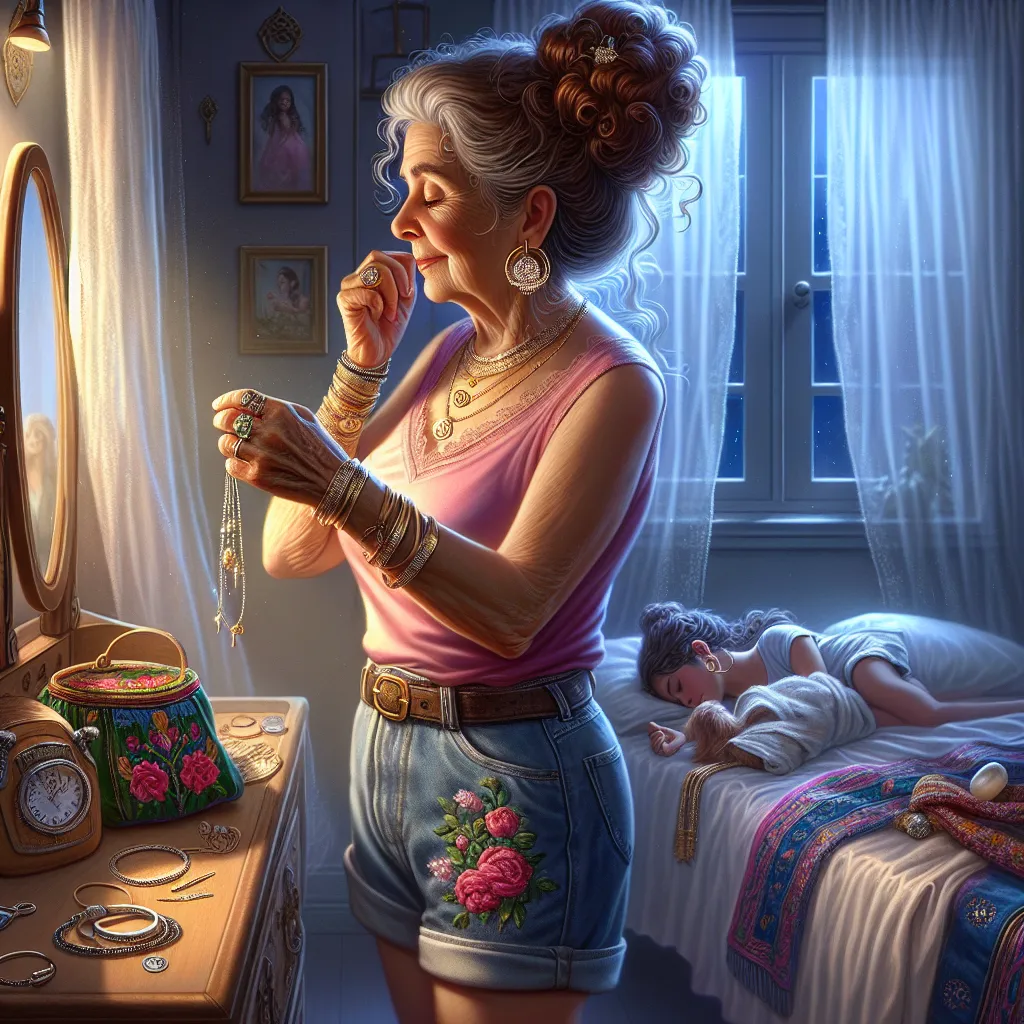 A digitally painted image depicting Isabella, a loving mother in her early 60s, waking up in her bedroom wearing a pink tank top, blue jean shorts, and white flip flops. She has long, curly brown hair styled in a traditional bun and is adorned with jewelry, including a wedding ring, gold necklace, silver hoop earrings, gold bangle bracelet, small diamond stud for her nose, silver anklet, and a pearl ring. Isabella carries a colorful embroidered fabric pouch as she adjusts her appearance in the m