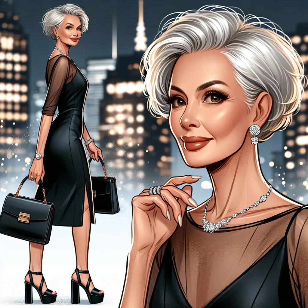 A visual representation of Margaret Winters, a confident and stylish 65-year-old woman, wearing a sleek black dress, matching platform sandals, and carrying a sophisticated black purse. She is adorned with diamond jewelry and her silver hair is styled in an elegant short bob. In the background, a hint of a glamorous cityscape sets the scene for her newfound life and romance with a younger man named Joe.