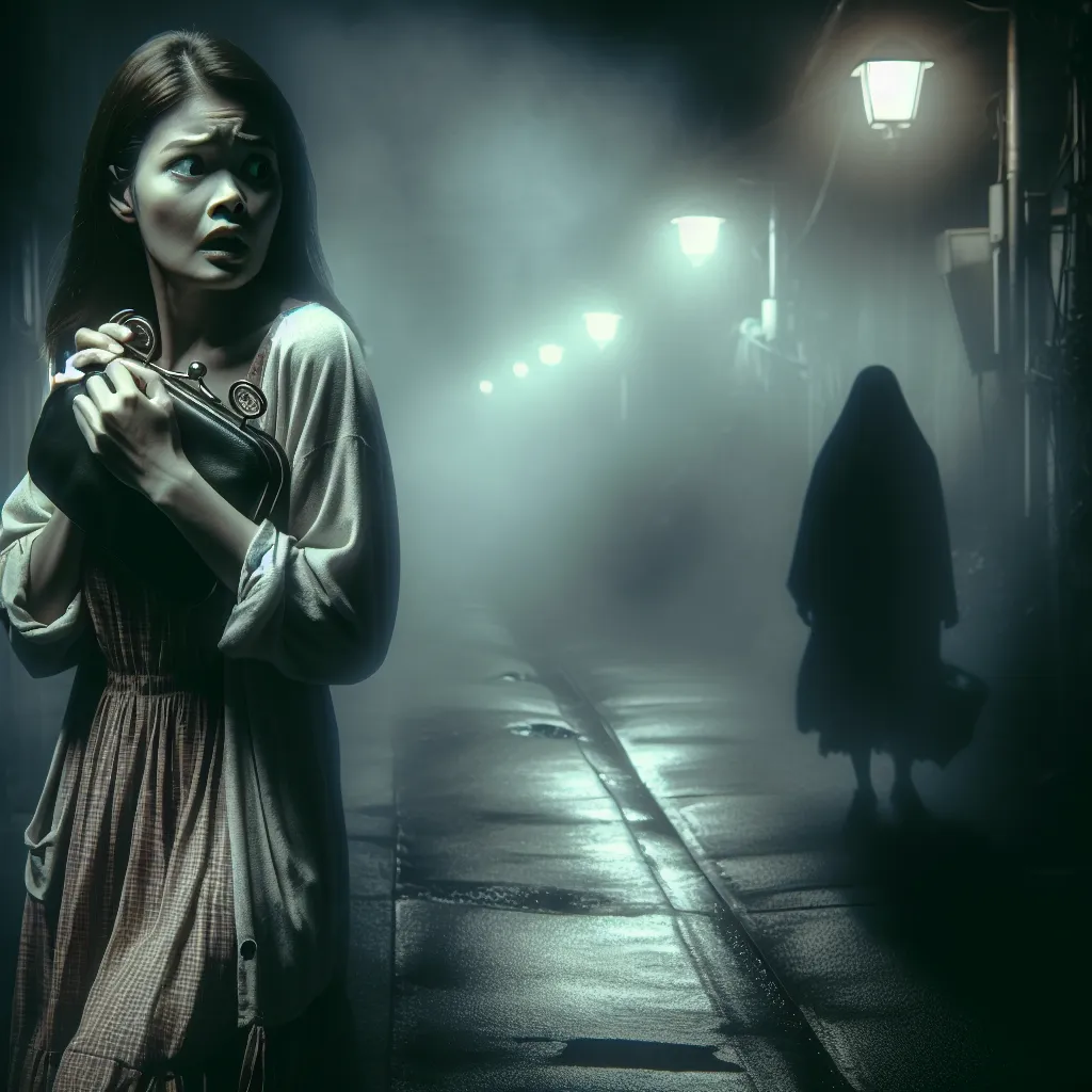 This story weaves a tale of mystery and intrigue as a woman encounters shadows and echoes on her eerie journey home. The image should capture the suspenseful atmosphere of the dimly lit street, with the woman clutching her purse, glancing over her shoulder in fear, as shadows and unseen figures lurk in the background.