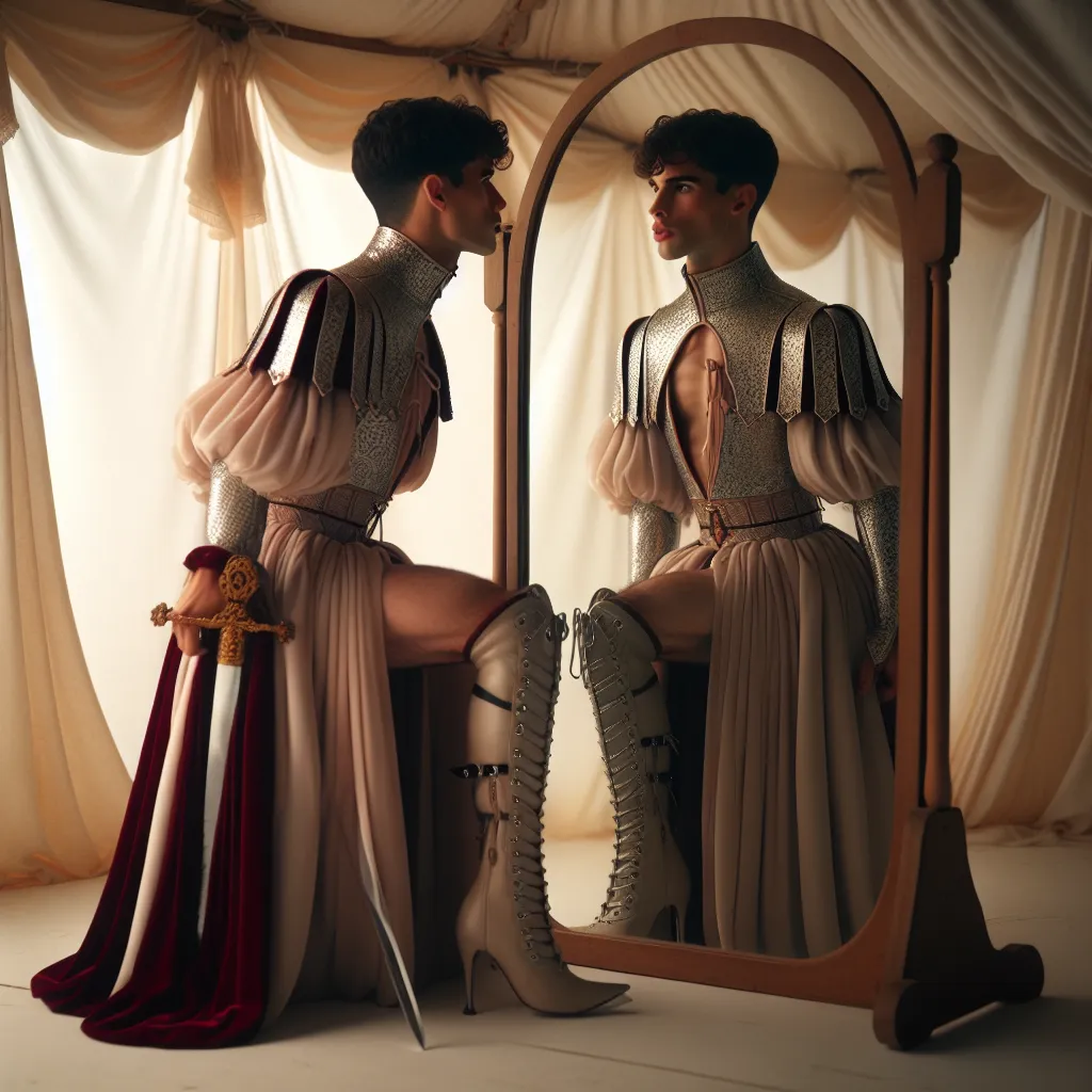 An image of a young man dressed in a delicate, feminine outfit, standing in front of a mirror in a dimly lit tent. The clothing consists of white lace-trimmed panties, a short skirt, a crop top, high-heeled boots, and a slender armor with a crimson cape. The young man holds a sword in one hand and gazes at his reflection with a mix of awe and longing.