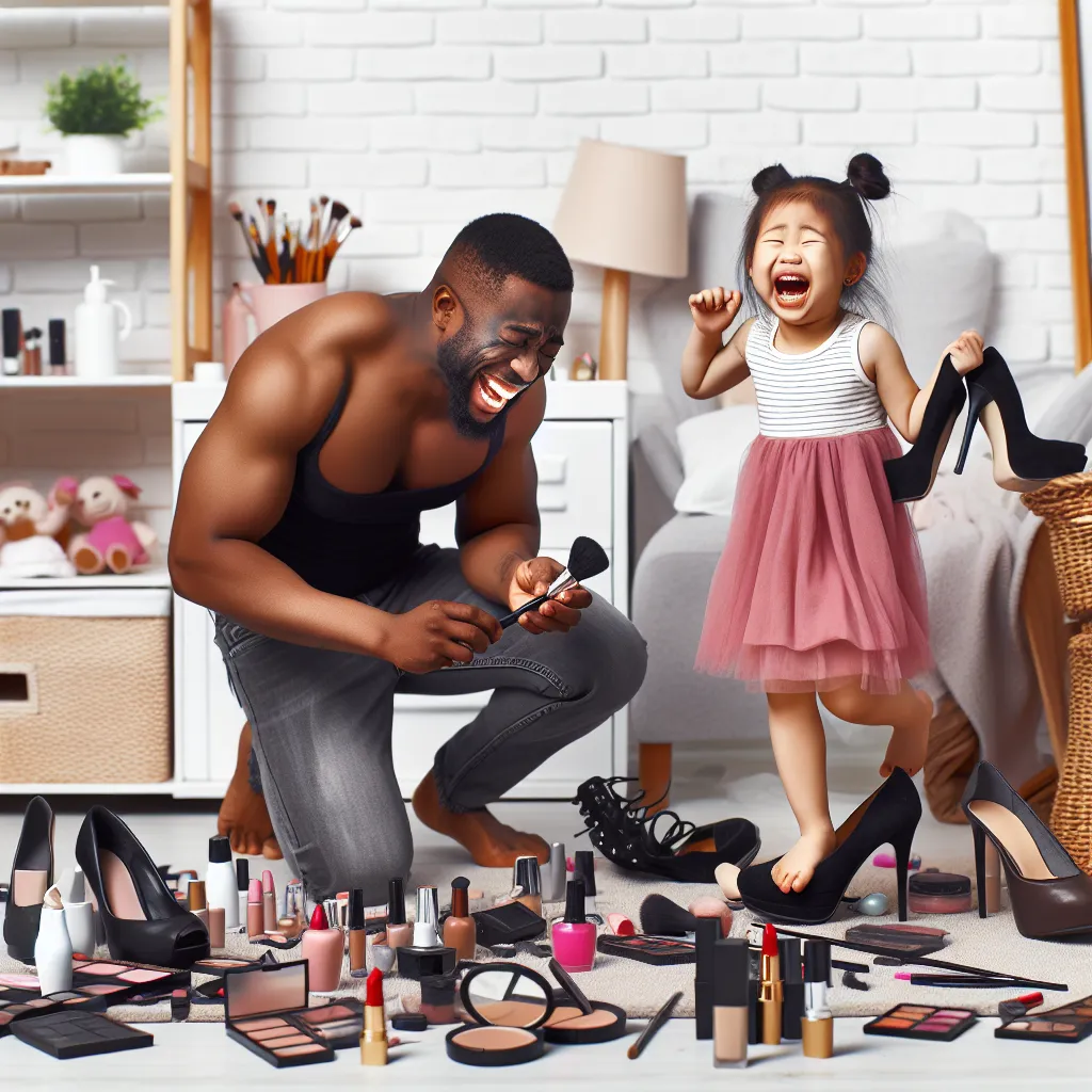 Description: A humorous image depicting a man in women's clothing, struggling to put on makeup and walk in high heels, with his daughter laughing beside him. They are surrounded by products like lipstick, foundation, and mascara, while a pile of shoes topples over in the background.