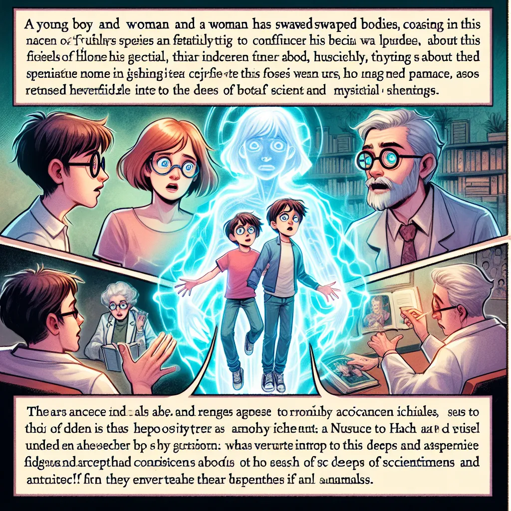 A young boy named Timmy and a woman named Ellie have switched bodies, causing confusion and chaos. Timmy, now trapped in Ellie's body, desperately tries to convince his family and the authorities of what happened. With the help of his uncle, a scientist specializing in anomalies, they explore the realms of science and mysticism to restore their rightful identities. The story captures the struggle and determination of the characters as they navigate through the extraordinary dimensions they find 