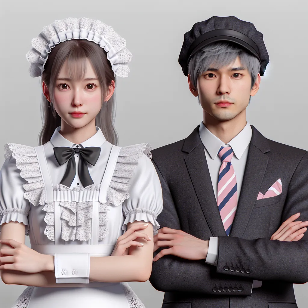 Description: The image shows two individuals, one male and one female, standing side by side and looking at each other with a mix of confusion and determination. The male, Ryou, is wearing a frilly maid outfit, while the female, Ichigo, is wearing a suit and tie. The image captures the essence of their dual identities and the challenges they face as they navigate their switched lives.