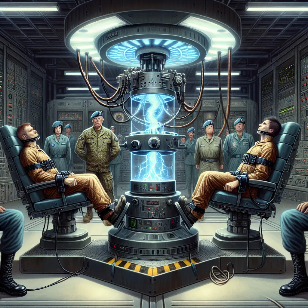 An image depicting a clandestine underground base, with two medical chairs equipped with restraints in the center of the room. The machine, surrounded by powerful machinery, hums and crackles as it prepares to activate the forbidden Soul Exchanger. Air Chief Marshall Trevor Maloney oversees the process with a cold gaze, while Francesca Lucchini and Corporal Edward Pierce, strapped into the chairs, face an uncertain fate.