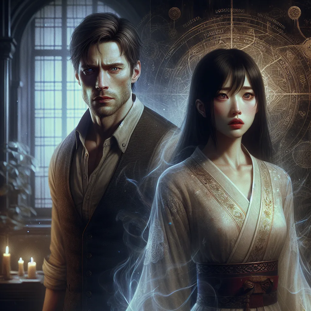 A haunting image depicting the unsettling body swap between Trevor and Yoshika, capturing the psychological torment and loss of identity in this dark magic-fueled horror story. The image should reflect the themes of gender dysphoria, forced transformation, and the eerie intimacy of inhabiting another's body and consciousness.