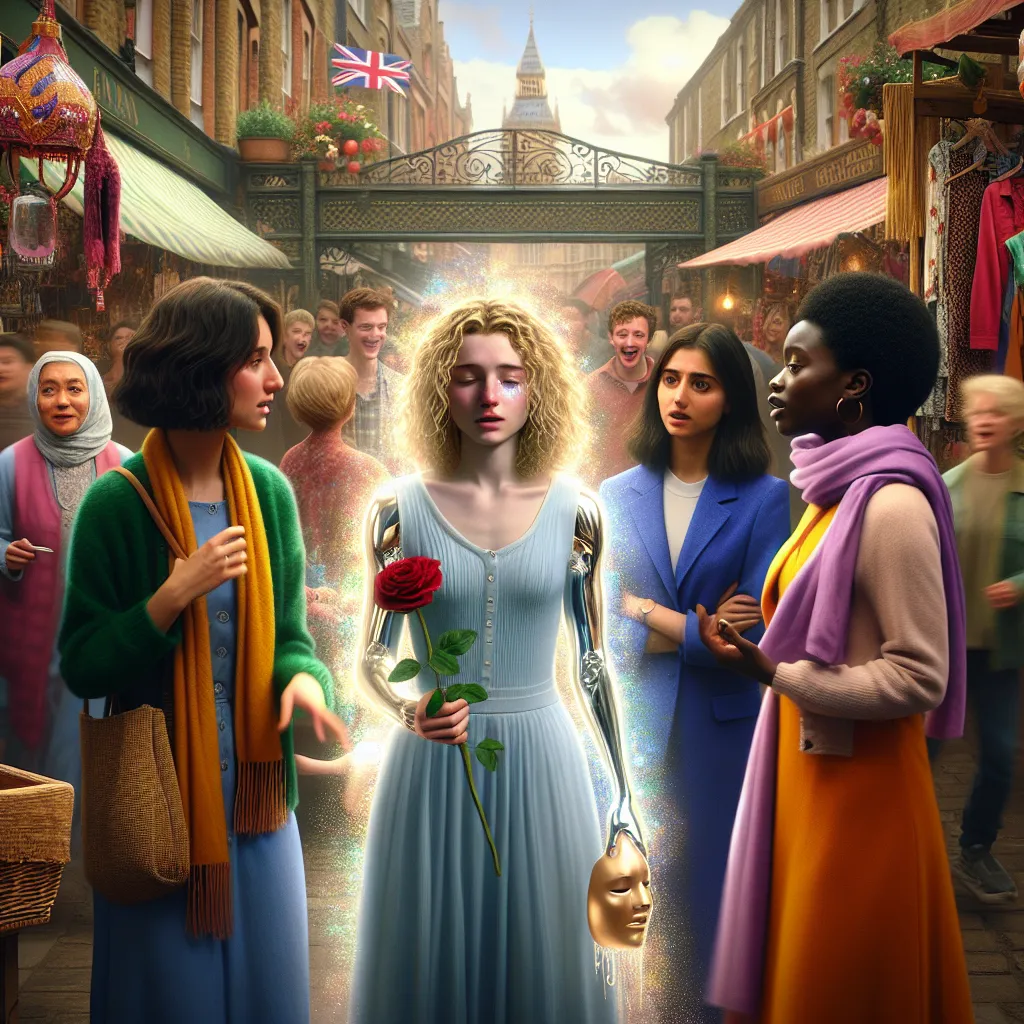 A story of a boy named Liam who mysteriously swaps bodies with a British woman named Charlotte at a bustling market. As Charlotte and her friends navigate the odd situation, fate decides Liam's future. The image shows Liam, trapped in Charlotte's body, holding the dropped rose mask with tears on his cheeks, surrounded by the oblivious women and the shimmer of a transformative moment.