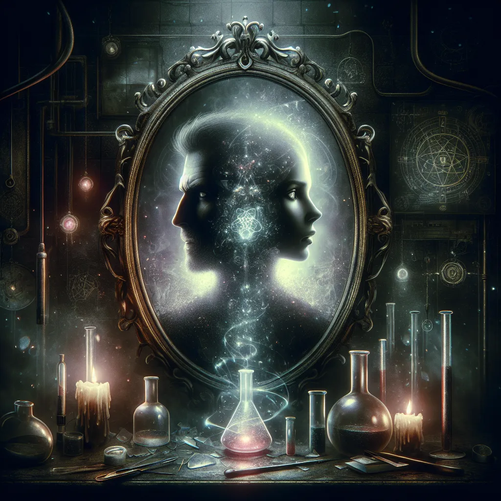 Image Description: An eerie and haunting digital artwork depicting a figure trapped in a mirror, their reflection showing a distorted blend of two faces - one male and one female. The background is shrouded in shadows and hints at a laboratory setting with fragments of broken glass and magical symbols. The overall atmosphere conveys a sense of psychological horror and identity crisis.