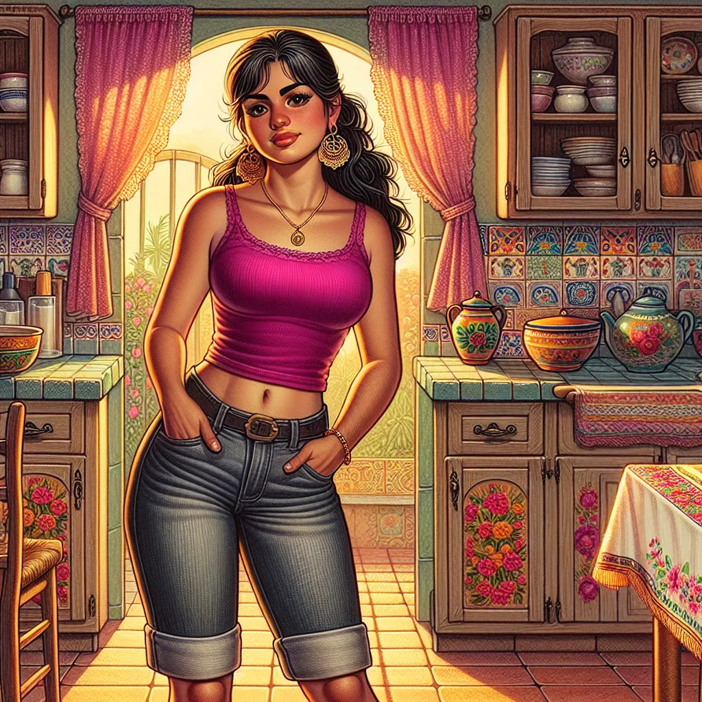 The story is a detailed account of a young boy named Timothy who mysteriously transforms into a Mexican woman named Mrs. Martínez while at his friend Xochitl's house. Mrs. Martínez embraces her role as a strong, loving matriarch, tending to her family and home with pride. The image could depict Mrs. Martínez in her kitchen, wearing a magenta tank top, denim shorts, gold earrings, and black flip flops, exuding a sense of love and comfort in her surroundings.