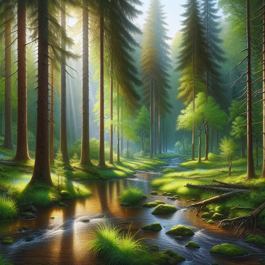 An image showing a serene forest landscape with tall, vibrant trees and a shimmering stream flowing peacefully through the scene. Sunlight dapples the forest floor, creating a tranquil and inviting atmosphere.