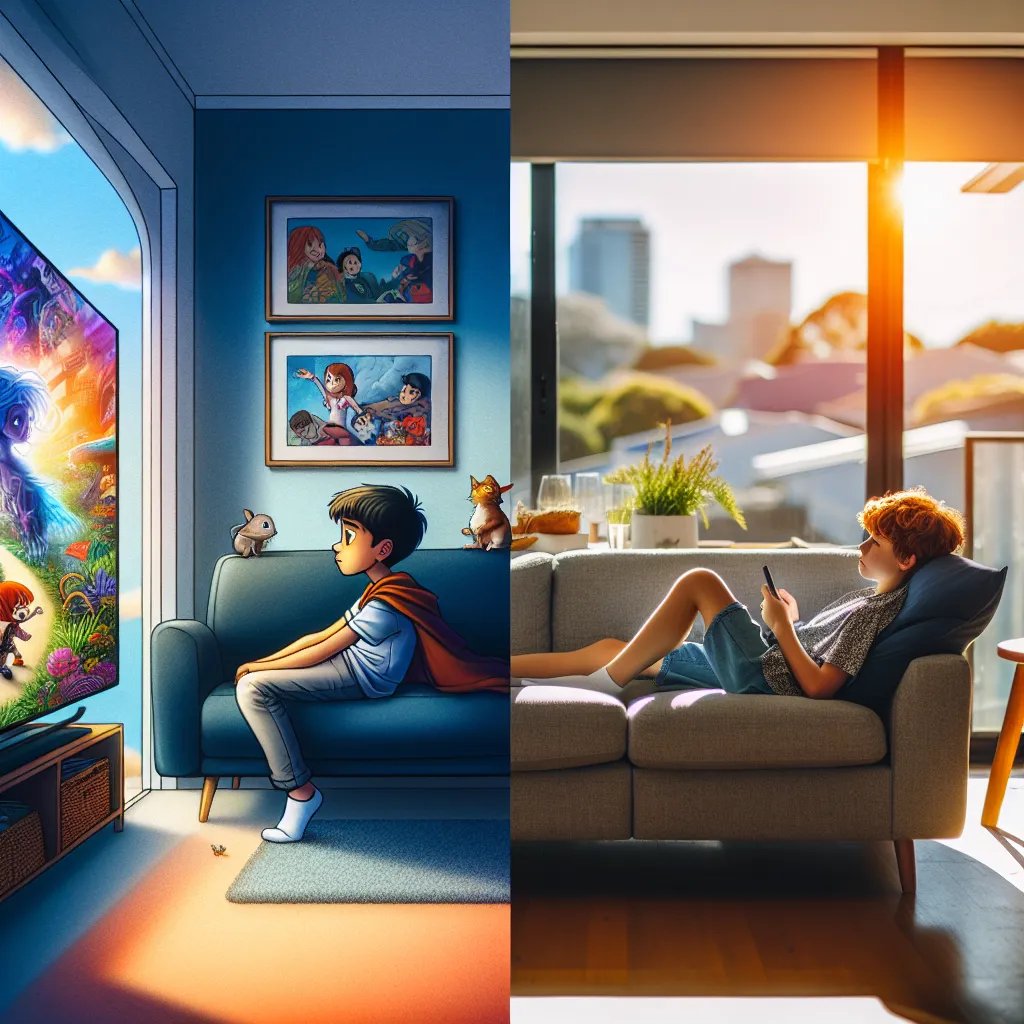 A split-image showing a cozy scene in a living room with a young boy watching cartoons on a navy blue couch, and a contrasting scene set in an Australian flat with a young woman reclining on a couch in summer attire.