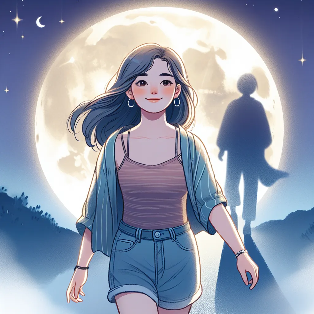 A young Korean woman named Jae-Hwa embarks on a transformative journey as she navigates through the night. She awakens with new memories and experiences, embracing her identity and finding love and a sense of belonging in her home. The image could depict Jae-Hwa walking confidently under the moonlight, with a peaceful expression and a hint of anticipation for the future.