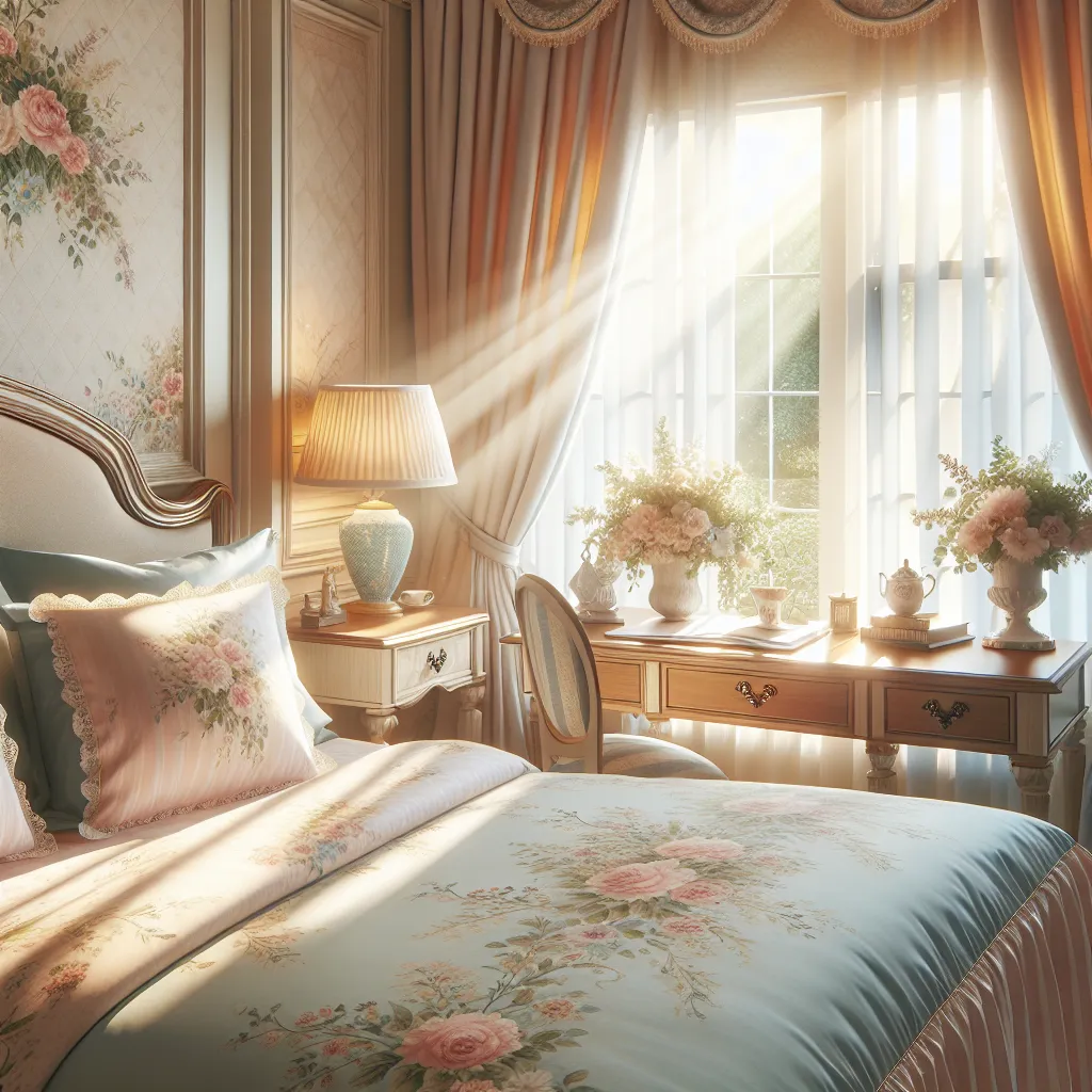 Image: An elegant and serene bedroom with pastel curtains, flower-patterned sheets, and sunbeams shining through a window onto a polished desk.
