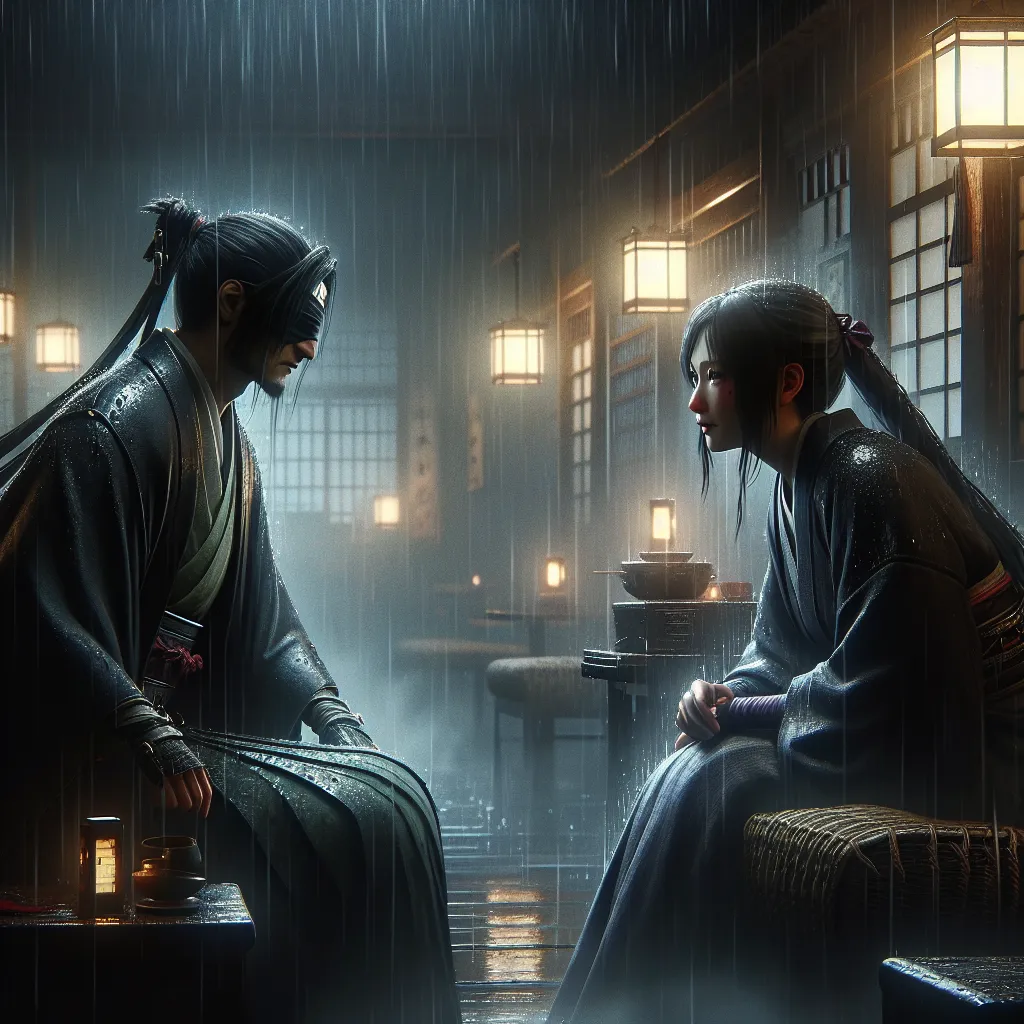 A clandestine romance unfolds in a dimly lit inn as a deadly kunoichi and her forbidden love, Satoru, share an intimate moment amidst the rain and shadows. Their charged encounter is a delicate dance of desire and vulnerability, captured in the tension of their intertwined bodies and a whispered promise hanging in the air.