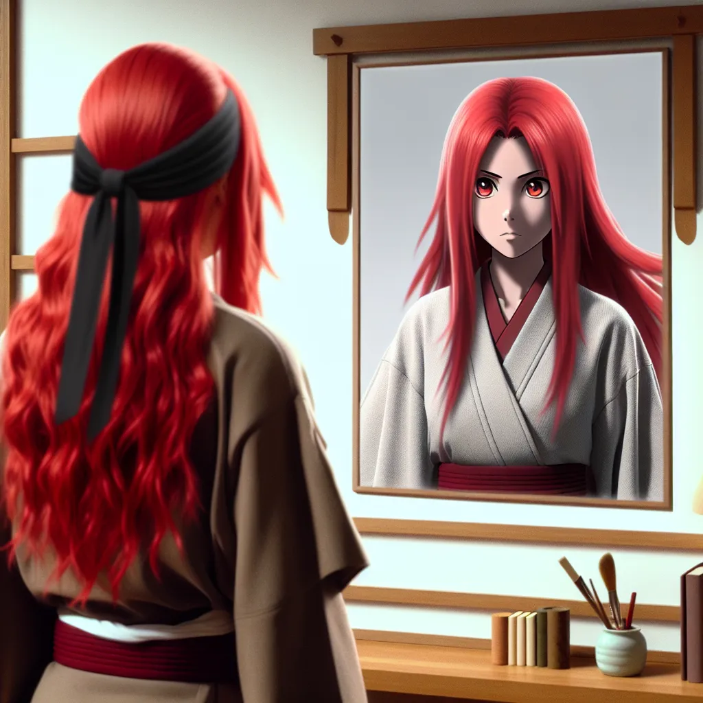 An image showing Naruto Uzumaki, now transformed into Naruko, with long red hair cascading down her shoulders. She stands in front of a mirror, dressed in kunoichi attire, while her surroundings have changed to reflect her new reality. The image captures the shock and confusion on Naruko's face as she struggles to come to terms with her transformation and accept her new identity.