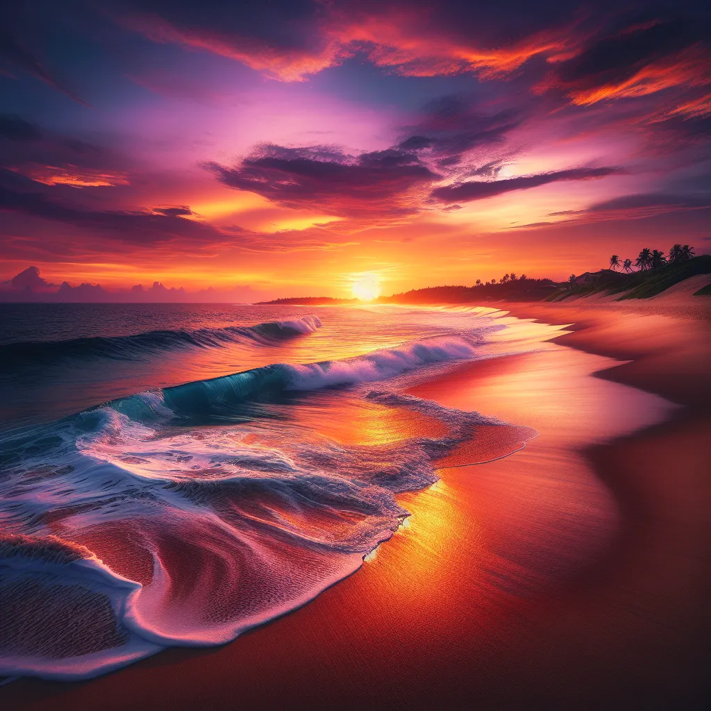 A beautiful sunset over a serene beach, with rolling waves crashing on the shore and vibrant colors painting the sky.