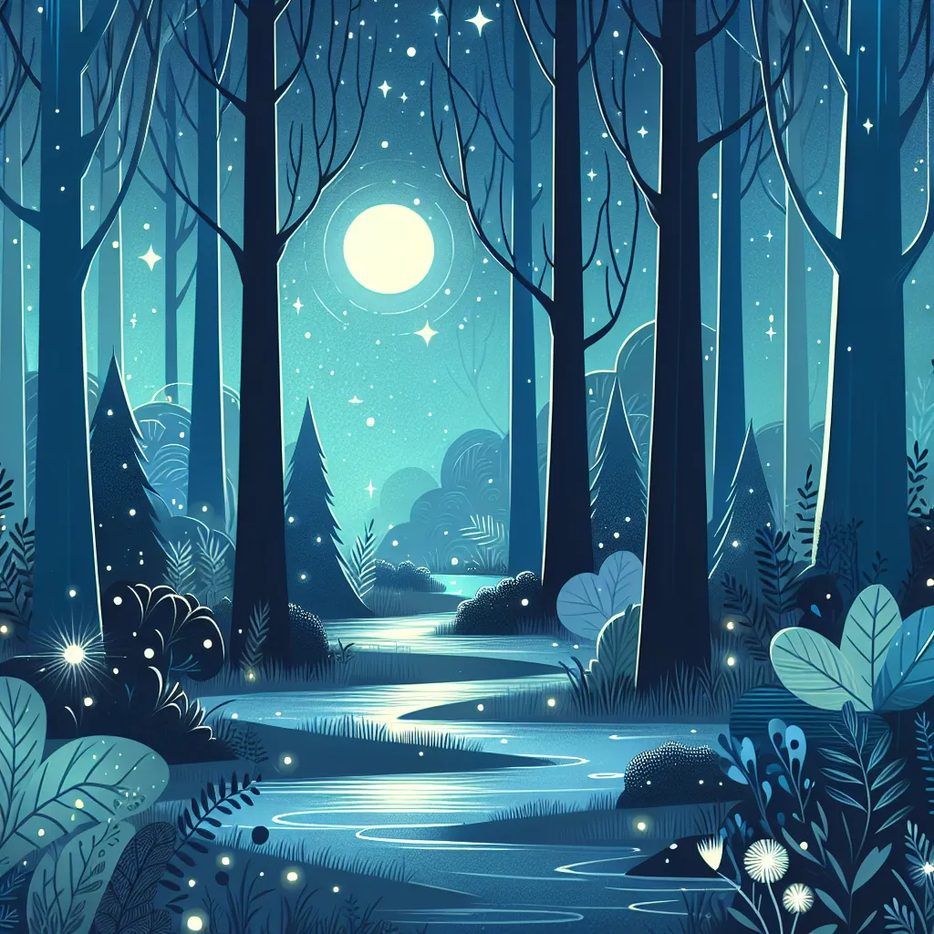 "An enchanting moonlit forest with tall trees, twinkling stars, and a gentle stream flowing through it."