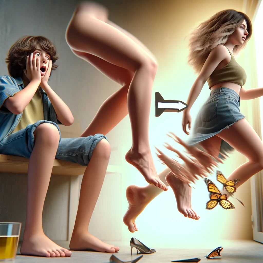 A detailed transformation story from a young boy named Benjamin Carter to a mother named Yolanda Ramirez, including physical and emotional changes as Benjamin becomes Yolanda after a mysterious transformation. The image will capture the moment of realization and shock as Benjamin's feet and legs undergo a drastic, feminizing transformation to become Yolanda's.