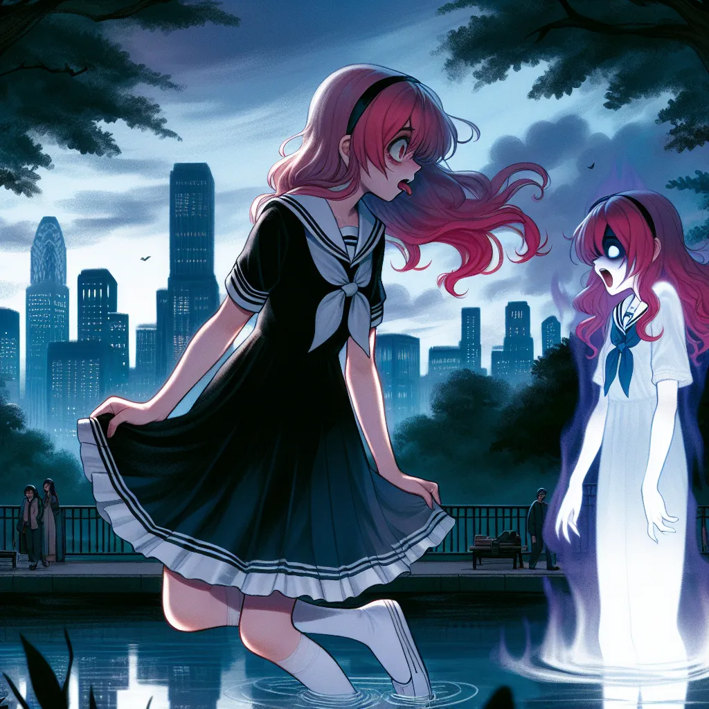 The image depicts a young person in a black and light gray sailor dress, standing at the edge of a tranquil, eerie park. The sky over Tokyo is darkened, casting a twilight glow over the city. The person's appearance is in the process of transforming, with their body becoming more slender and their hair extending in crimson waves. There is a sense of fear and panic on their face as they collapse to the ground, muscles seizing. In the background, a spectral mirror reflects their new form as a cat-