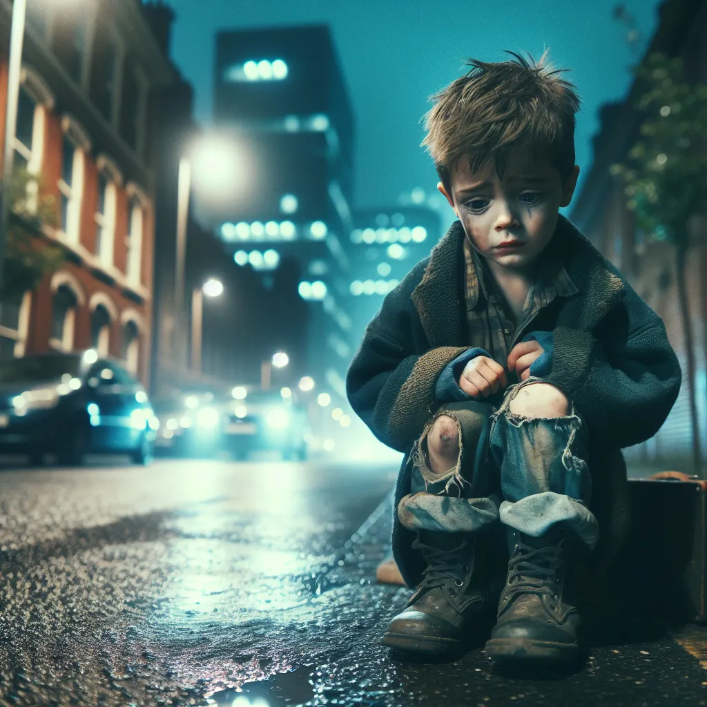 Aiden, a little boy dressed in a torn dress and high heels, stands in an unfamiliar city street at night. He is lost and afraid, searching for a way back home to his mom and Nana Margaret.