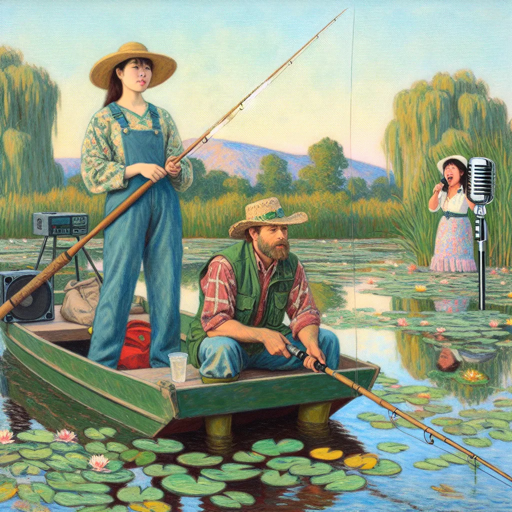 Boat, Fishing, Swimsuit, Gender-flip, Karaoke in the style of Monet