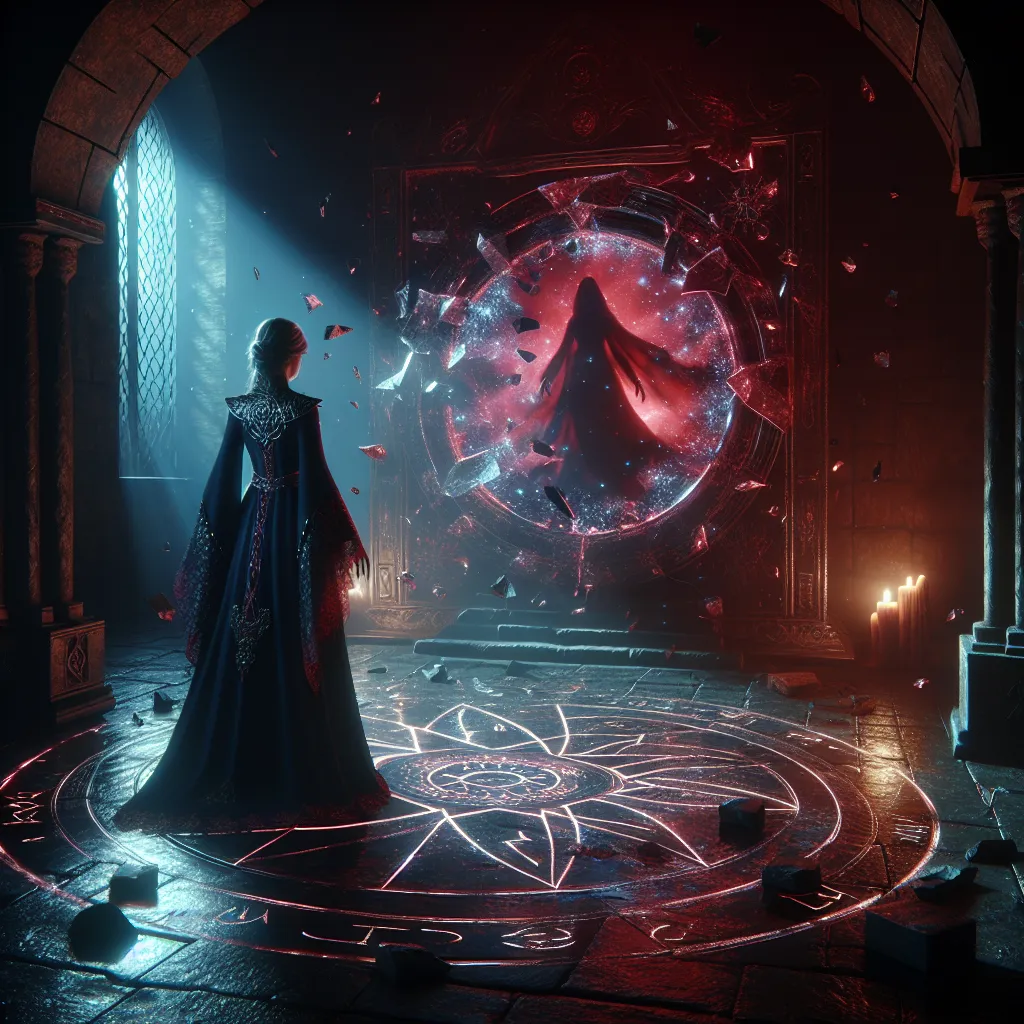 A mysterious scene unfolds as Magik faces the consequences of shattering a powerful mirror, confronting shadows and awaiting the arrival of Wanda Maximoff.