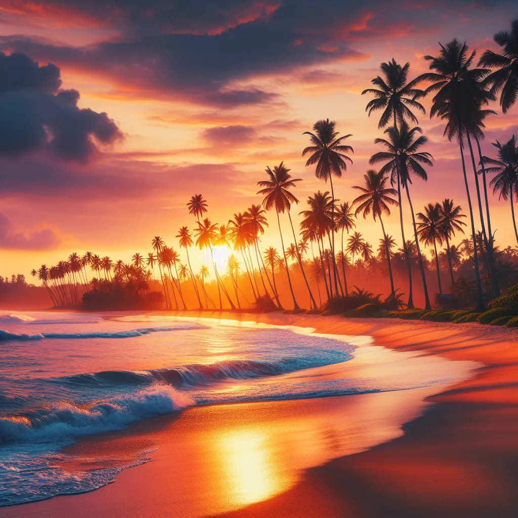 A serene beach scene at sunset, with palm trees lining the coast and gentle waves washing onto the shore.