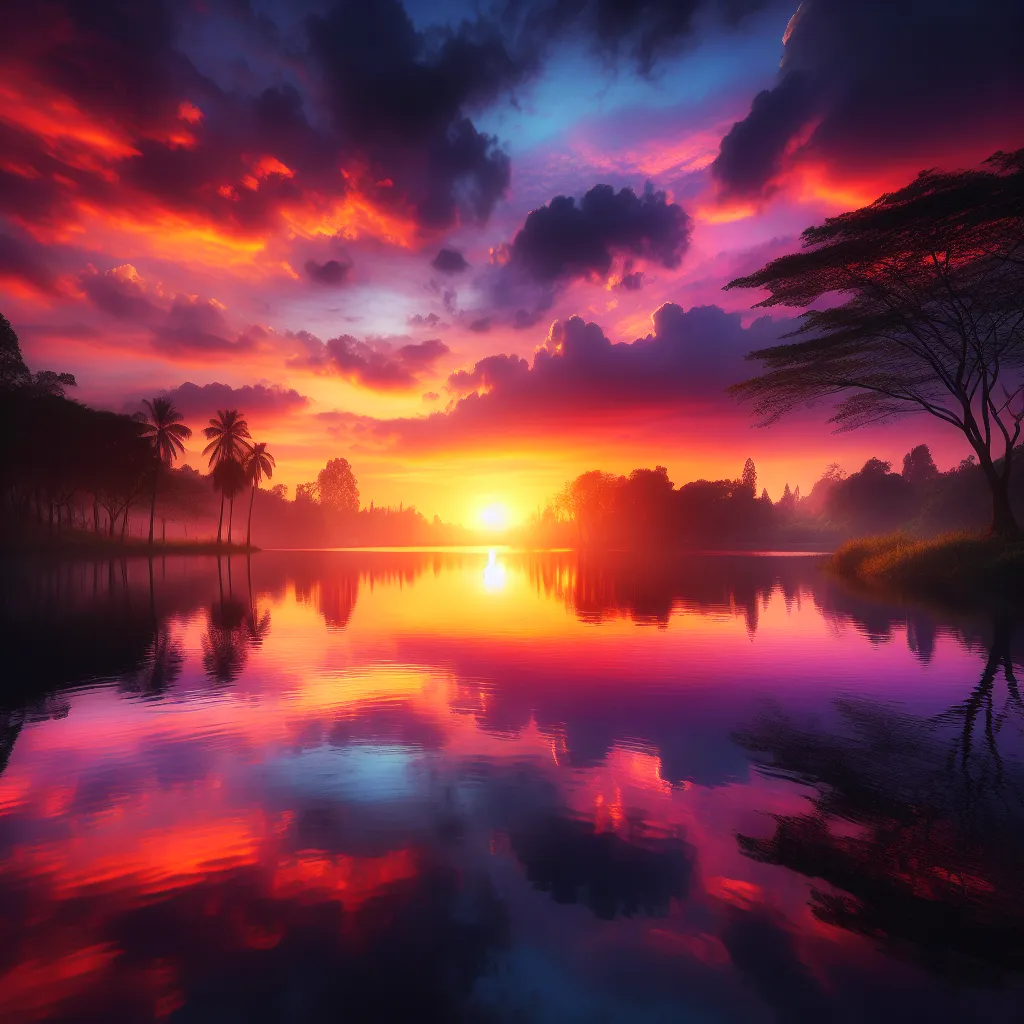 A beautiful sunset over a serene lake, with the vibrant colors reflecting off the calm waters.