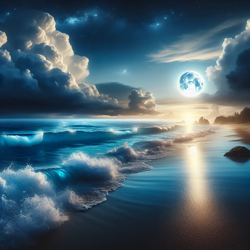 A serene, moonlit beach scene with crashing waves and a full moon illuminating the night sky.