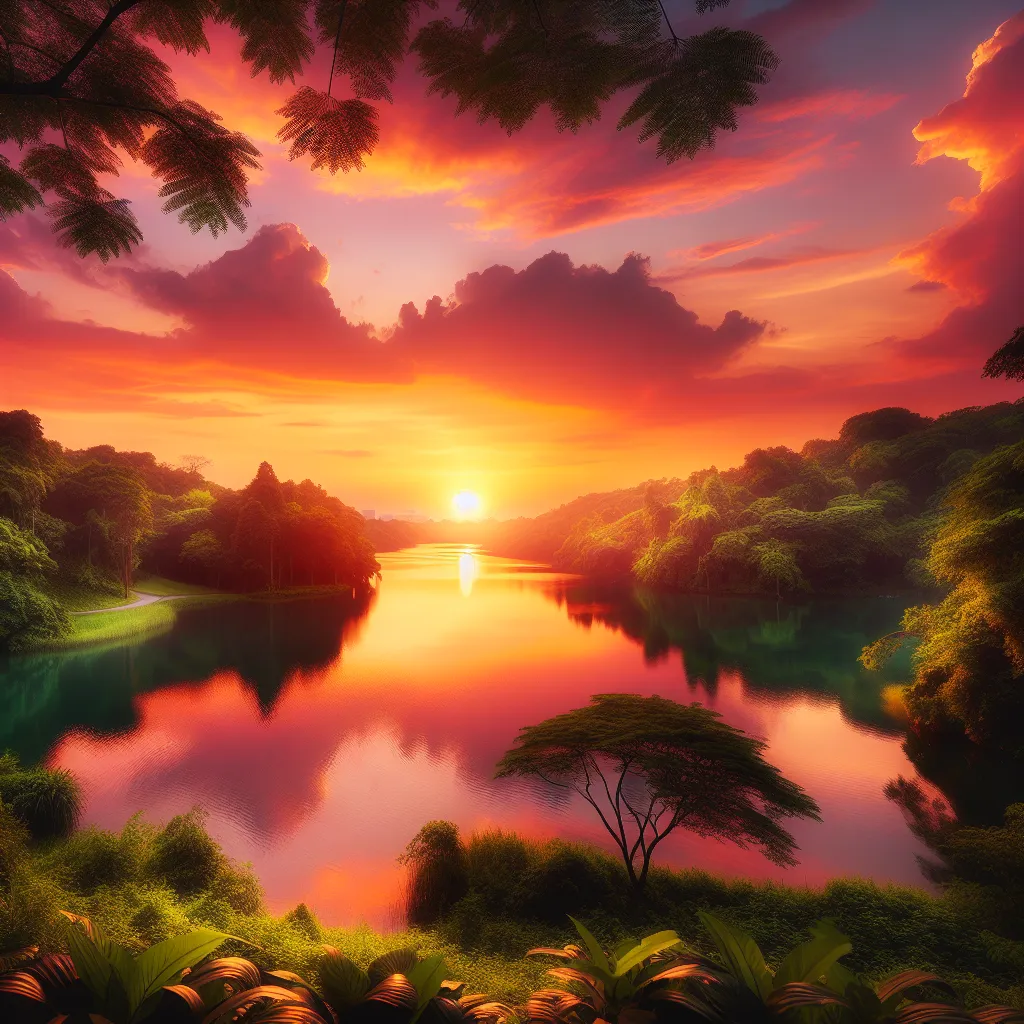 A beautiful sunset over a serene lake, reflecting the warm hues of orange and pink. The calm waters are surrounded by lush green trees, creating a picturesque and tranquil scene.