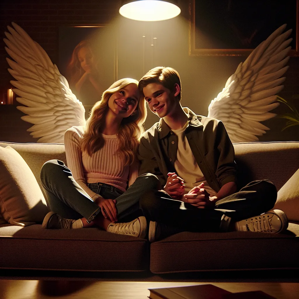 The image accompanying this story is a warm and cozy living room scene, bathed in the soft glow of lamp light. A 16-year-old Angel and Gwen sit close together on a couch, their faces filled with joy and contentment. They share a tender and sweet first kiss, their hands intertwined. The atmosphere is filled with a sense of warmth, comfort, and growing closeness between the two characters.