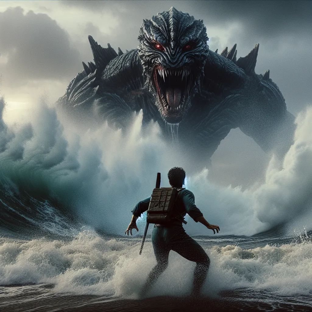 The image accompanying this story is an epic battle scene between Dylan, a courageous protagonist, and Shin Godzilla, a terrifying and destructive force. The image captures the intensity and chaos as Dylan confronts Shin Godzilla near the ocean. The waves are crashing high, and there is a sense of impending doom. Despite the odds, Dylan stands his ground, determined to protect his family and loved ones.