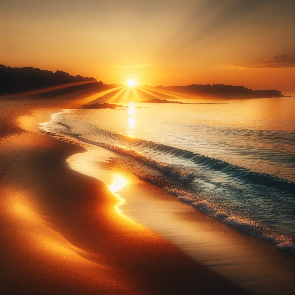 A serene beach landscape at sunset, with golden rays of light reflecting on the calm waters, casting a warm glow on the sandy shore.