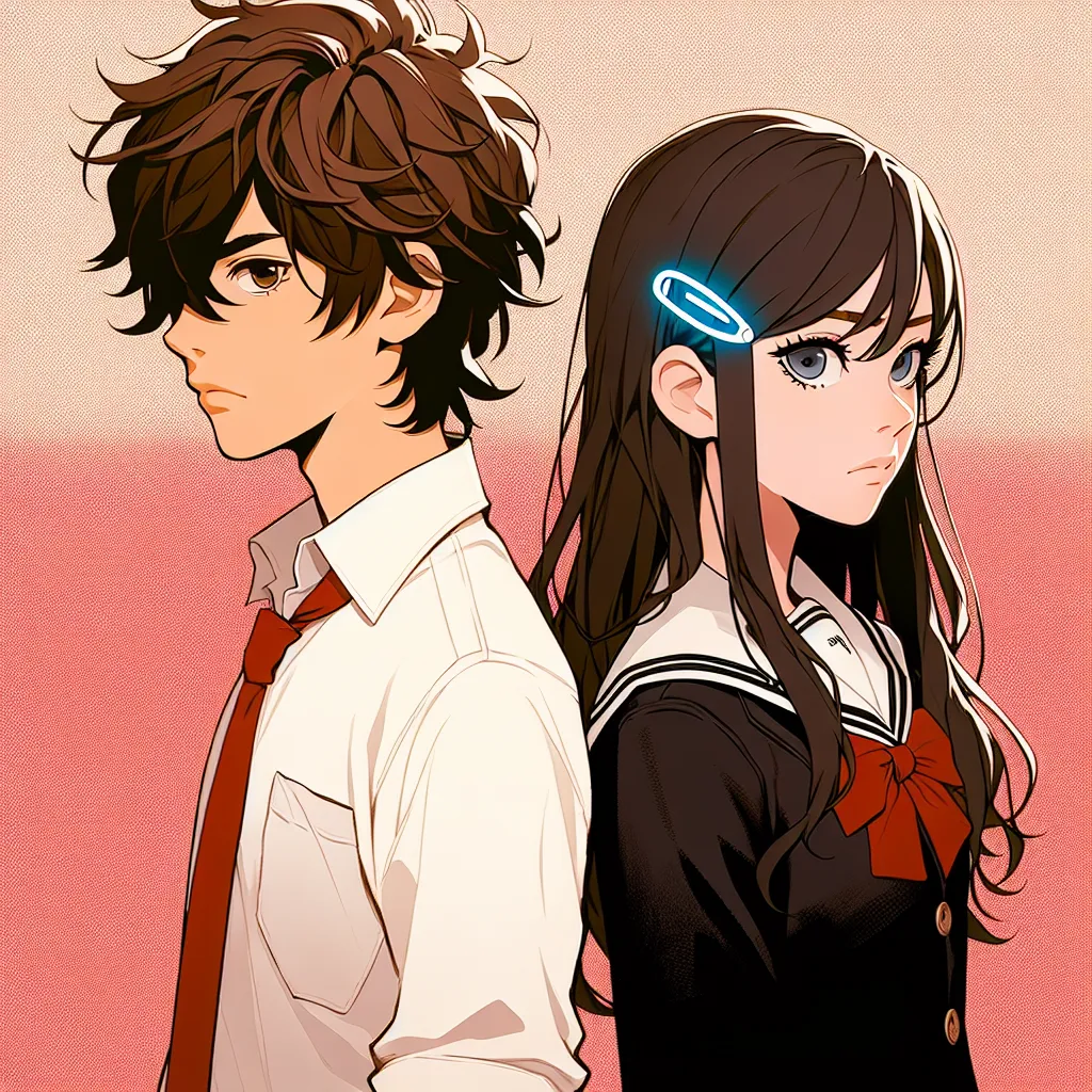 An image of a teenage boy and a teenage girl standing back to back. The boy has messy brown hair and wears a white uniform with a red tie, representing Touma Kamijou. The girl has long, dark hair with a small, electric blue clip and wears a black and white Tokiwadai Middle School uniform, representing Misaka Mikoto. They both have determined expressions on their faces, symbolizing the dual identities they now possess.