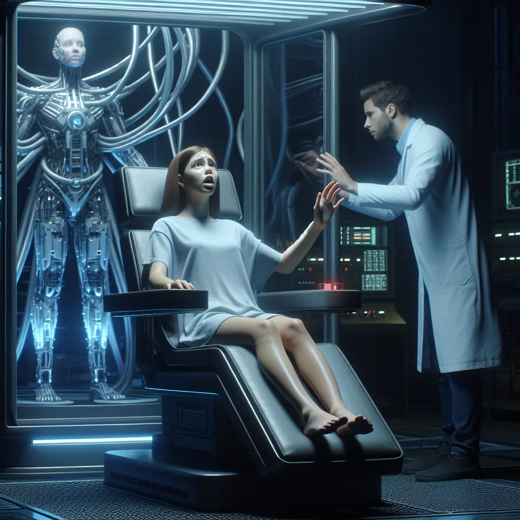 The image: A dimly lit laboratory with a large, futuristic machine at its center. A young woman, restrained in a chair, is desperately reaching out, her face filled with fear and confusion. Another person, trapped in her body, stands in the background, finding solace in their new form.