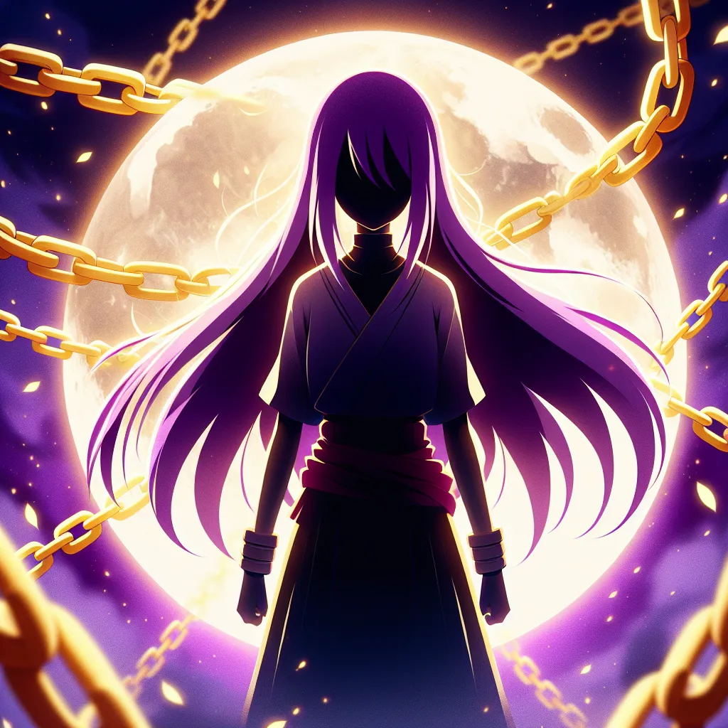 An image of Naruto Uzumaki, transformed into Narumi Uzumaki, stands resolute under the moon's mystical light. The silhouette showcases the physical changes as her hair lengthens and changes color, her eyes shift to a vibrant violet, and her body takes on a more feminine form. Surrounding her are golden Uzumaki chakra chains, symbolizing her inner turmoil and newfound abilities. The haunting yet empowering image captures the essence of Naruto's transformation into Narumi, a strong and tomboyish k