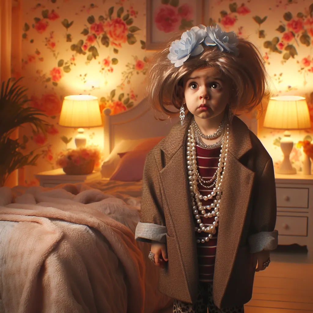 A child wearing adult clothes and jewelry looks bewildered in a bedroom decorated with flowers and dimly lit by a bedside lamp.