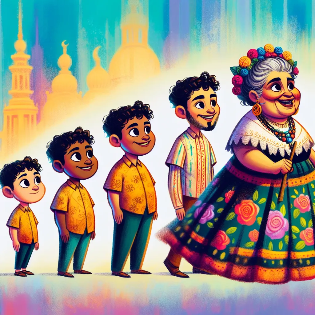 A young boy named Owen undergoes a surprising transformation into a fat Mexican woman in her 50s after taking a whimsical online quiz. The image depicts Owen's physical evolution from a child into a woman, capturing the changes in his appearance and features as he becomes Señora González.