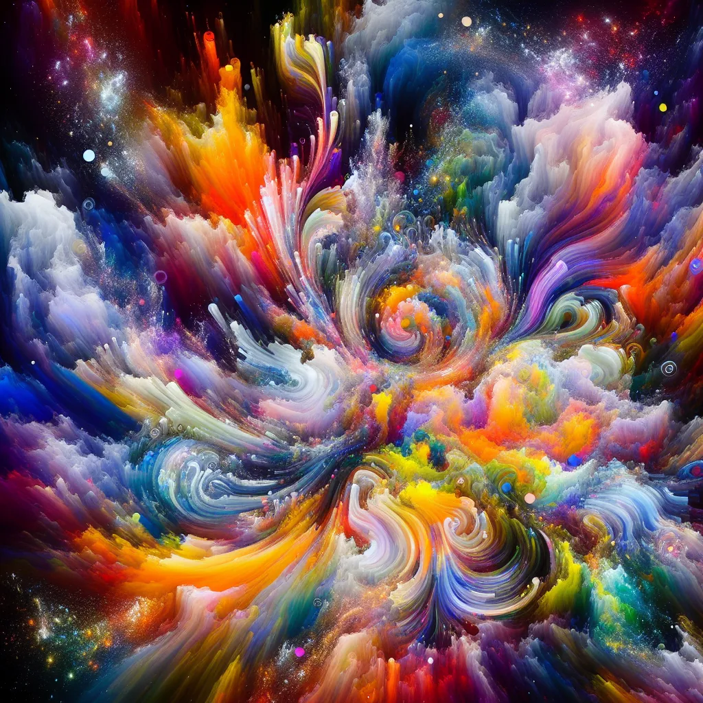 An abstract image depicting vibrant, swirling colors and shapes, resembling a cosmic explosion of creativity.