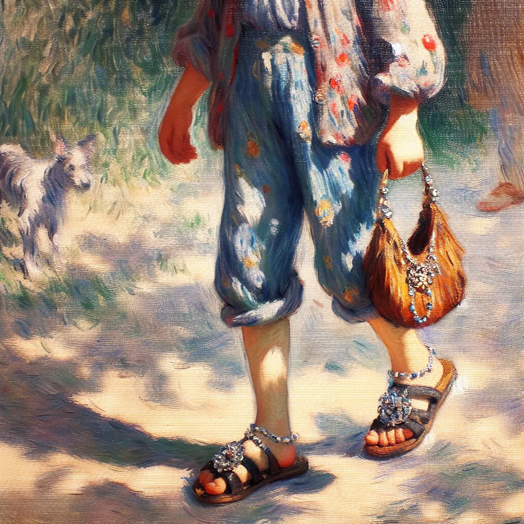 Boy, Feet, Sandals, Purse, Jewelry in the style of Monet