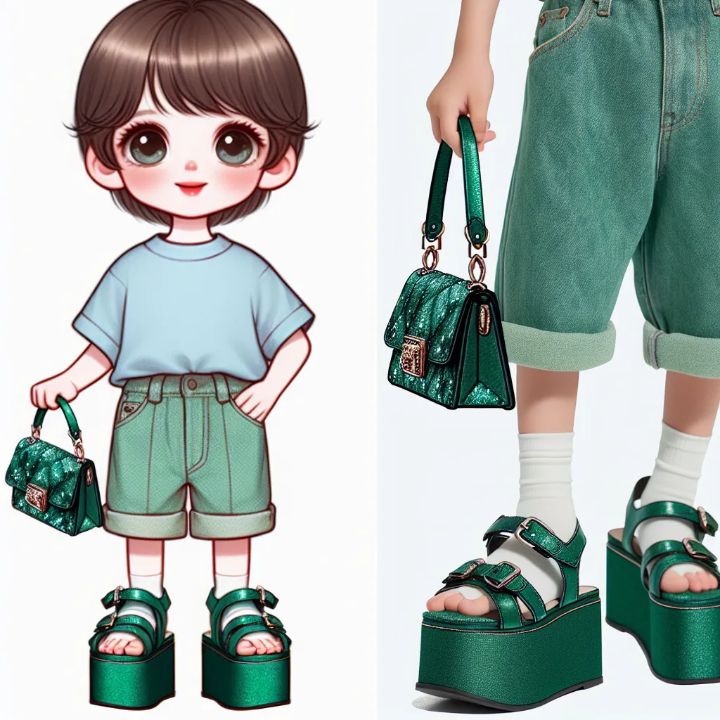 An image of a young boy holding a purse and wearing emerald green platform sandals.