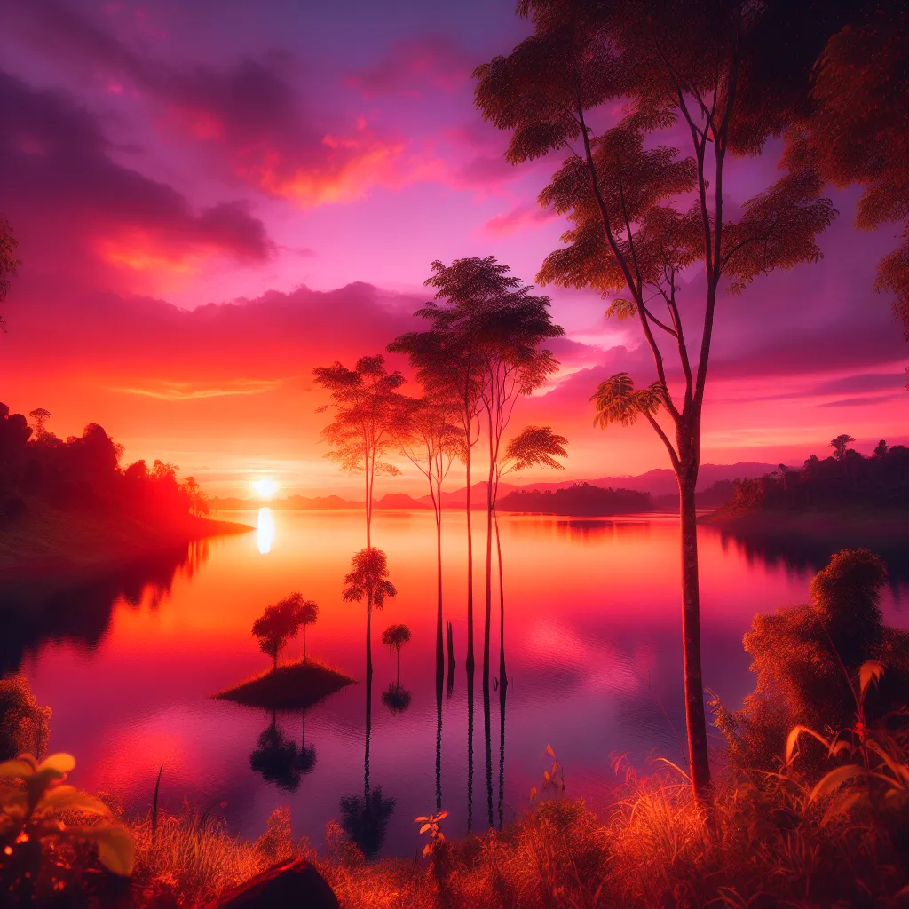 A vibrant sunset over a calm lake, reflecting colorful hues of orange and pink, with silhouettes of trees in the foreground.